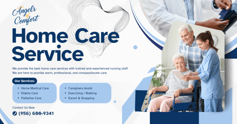 Professional caregiver assisting senior woman at home in Texas, representing compassionate home care services by Angels of Comfort PHC.